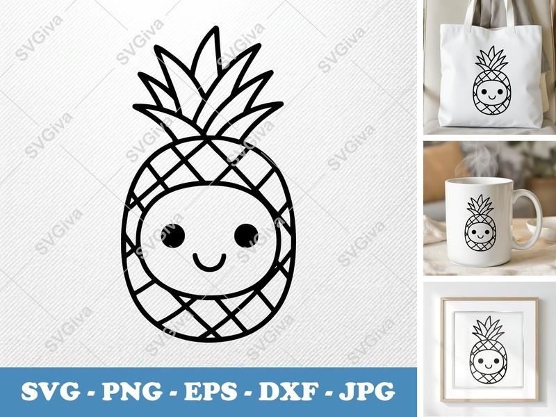 Pineapple SVG, Cute Kawaii Pineapple Face, Modern Fruit Clipart, PNG EPS DXF for Cricut, Silhouette, Digital Download