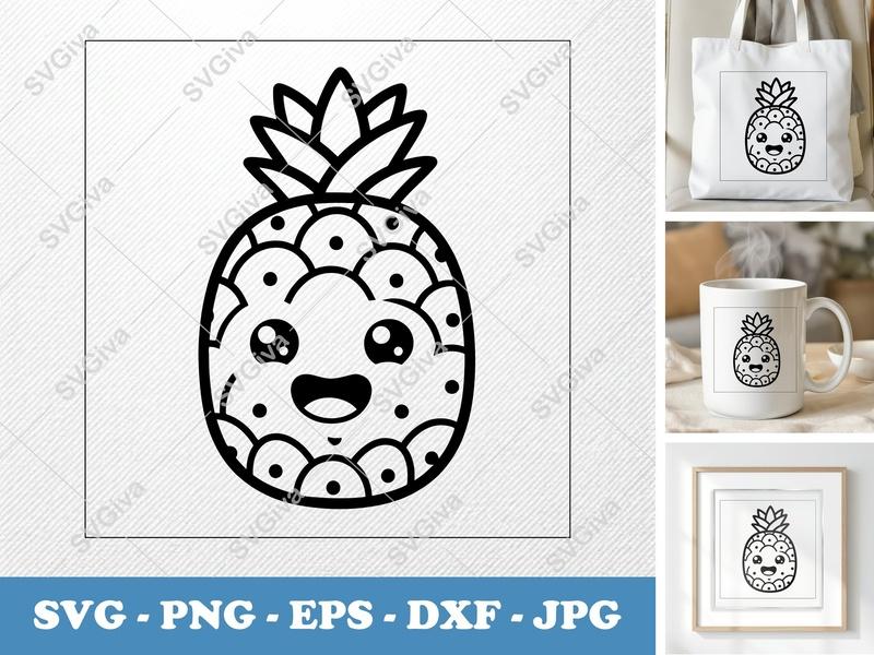 Pineapple SVG Kawaii Face Outline, Cute Fruit Clip Art for Cricut, Silhouette | PNG EPS DXF Vector Cut File