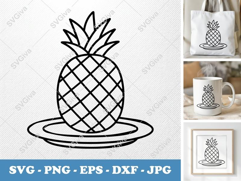 Pineapple SVG Line Art, Modern Fruit Outline PNG EPS DXF | Cricut Silhouette Cut File, Tropical Kitchen Decor