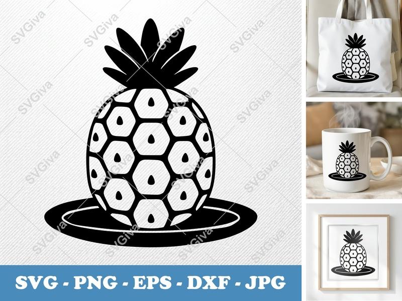 Pineapple SVG, Modern Cut File, Tropical Fruit Design, PNG EPS DXF for Cricut Silhouette, Simple Black & White Clipart