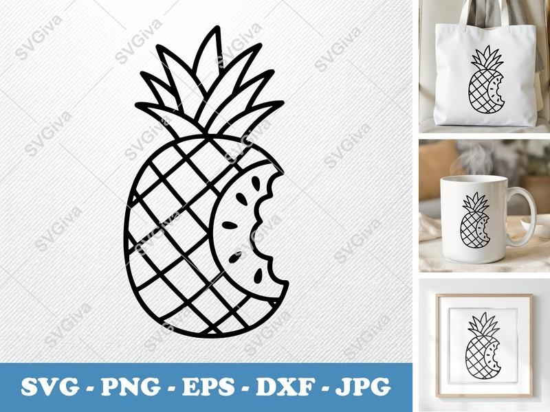 Pineapple SVG, Modern Outline Bite Mark, Fruit Clipart PNG EPS DXF, Cricut Silhouette Cut File, Tropical Summer Design