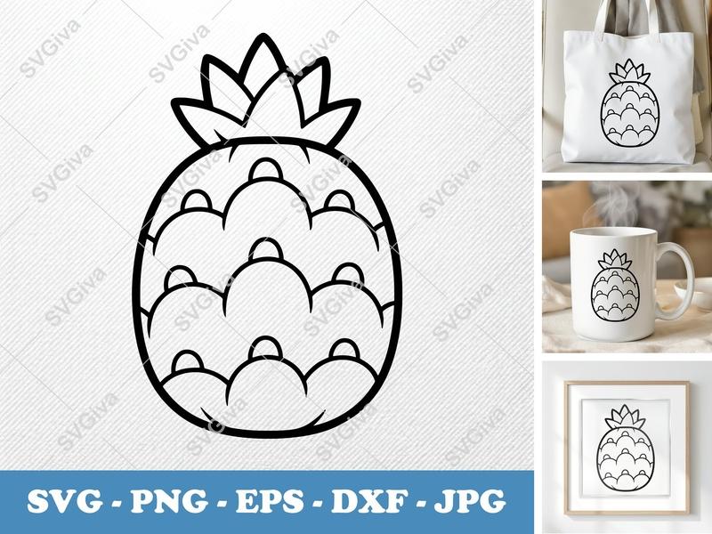 Pineapple SVG Modern Outline, Simple Fruit Clipart | PNG EPS DXF for Cricut, Silhouette, Digital Download