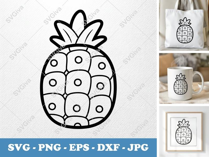 Pineapple SVG Outline, Simple Tropical Fruit PNG, EPS, DXF for Cricut, Silhouette, Modern Clean Design Cut File