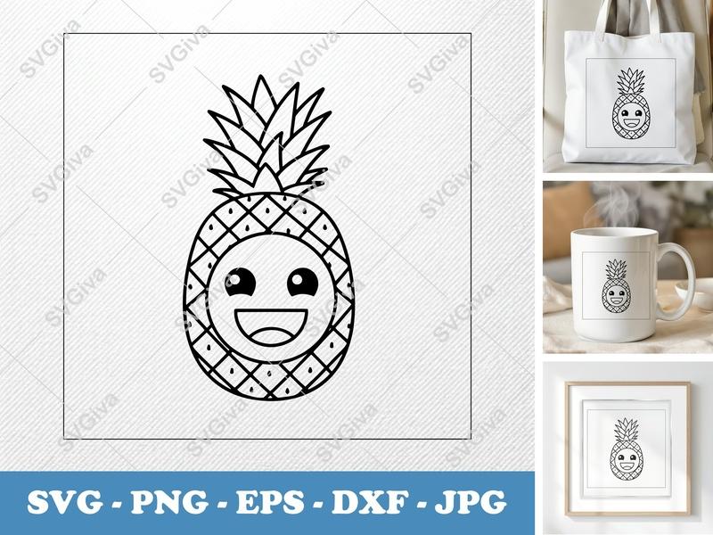 Pineapple with Smiling Face SVG | Friendly Rounded Body Cut File | PNG DXF EPS | Cricut Silhouette Design
