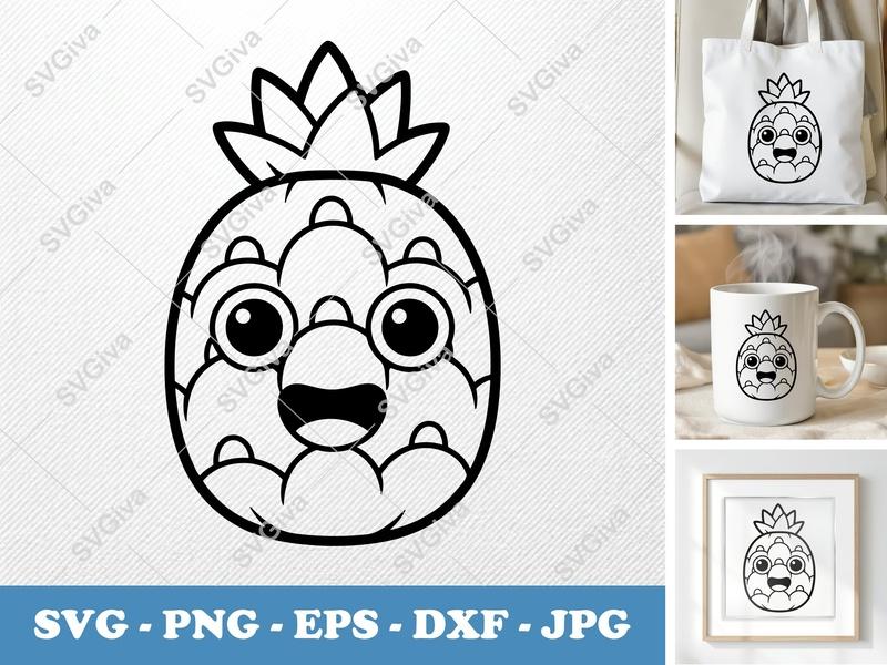 Pineapple with Smiling Face SVG, Puffy Kawaii Design | PNG DXF EPS for Cricut & Silhouette
