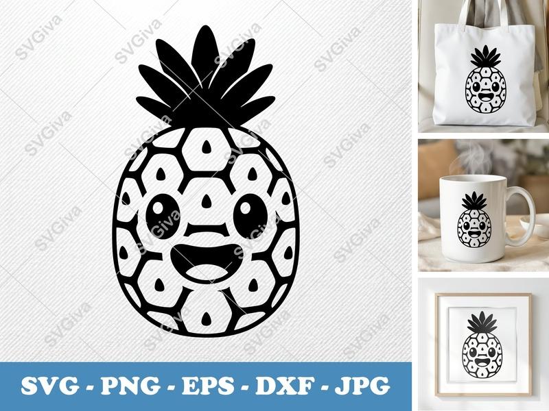 Pineapple with smiling face SVG | Puffy Soft Shapes | Inflated Pillow-Soft Design | PNG DXF EPS | Cricut Silhouette File