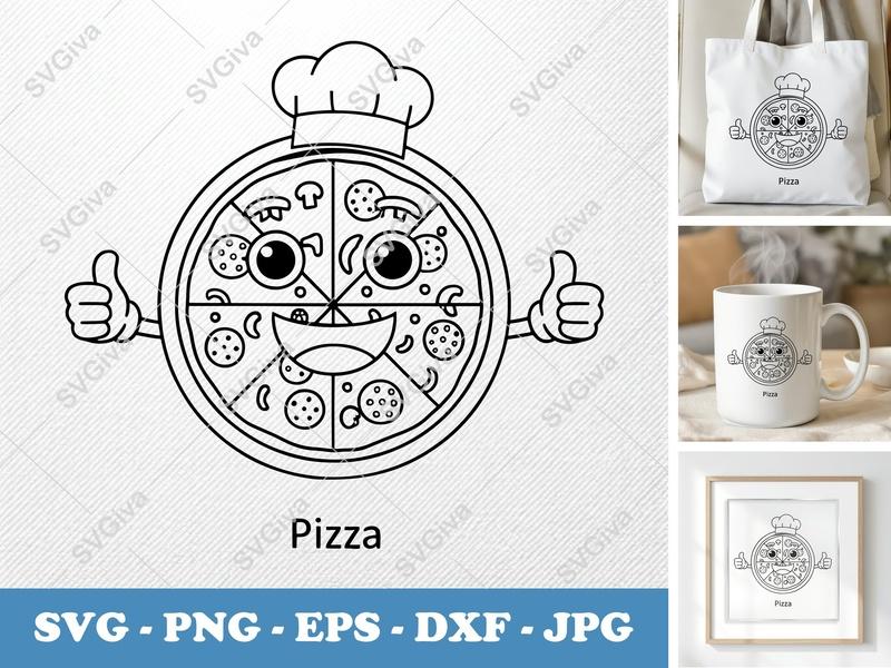 Pizza Chef SVG, Cute Cartoon Pizza PNG, EPS, DXF | Thumbs Up Food Mascot for Cricut, Silhouette, Kids Crafts