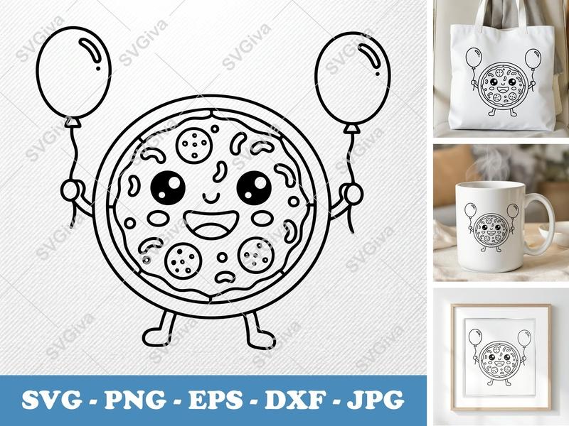 Pizza SVG Cute Happy Kawaii with Balloons | Digital Cut File for Cricut, Silhouette | PNG EPS DXF Vector Clipart