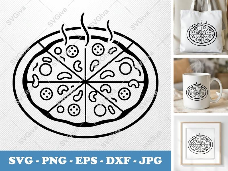 Pizza SVG Hot Whole Pie with Slices, Modern Food Cut File for Cricut, Silhouette | PNG EPS DXF Vector Clipart
