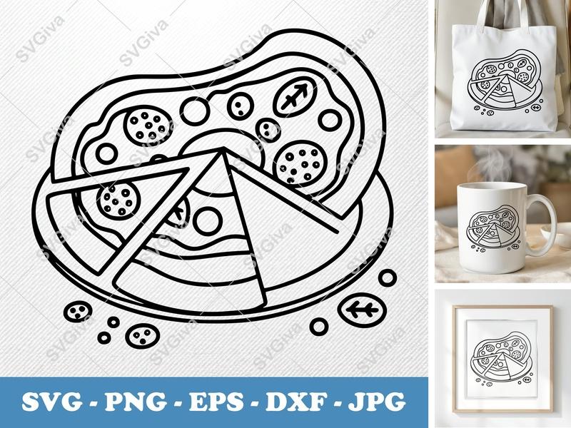 Pizza SVG, Modern Clean Line Art, Food Outline, Pepperoni Slice, PNG EPS DXF for Cricut & Silhouette, Kitchen Decor