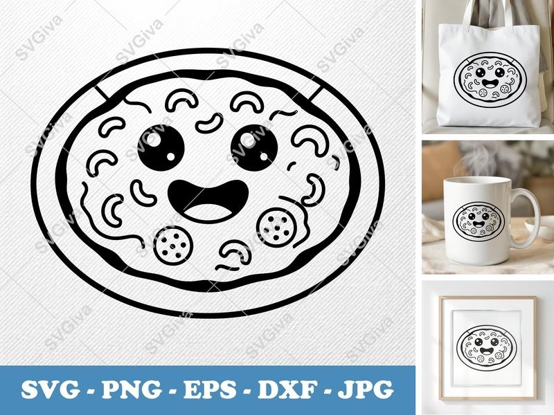 Pizza with Smiling Face SVG | Friendly Rounded Body PNG DXF EPS | Kawaii Food Cricut Silhouette Cut File