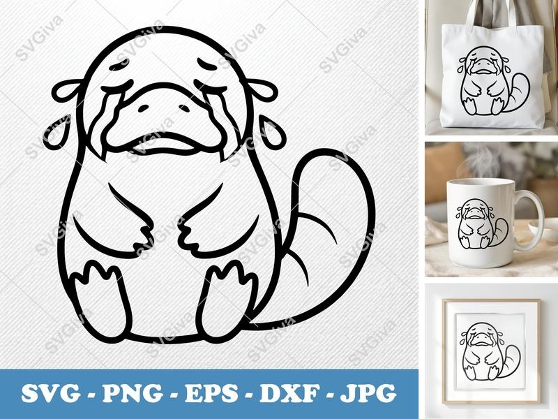 Platypus Crying SVG, Rounded Bean-Shaped Cut File | Friendly Cartoon Animal PNG DXF EPS for Cricut & Silhouette