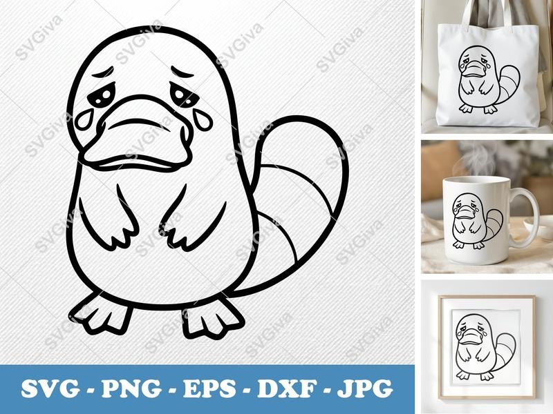 Platypus Crying SVG, Sad Animal Outline PNG EPS DXF, Modern Clean Cut File for Cricut, Silhouette, Vector Clipart