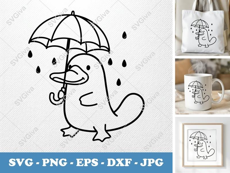 Platypus holding umbrella SVG, Friendly Bean-shaped Cut File | PNG DXF EPS | Cricut Silhouette Ready
