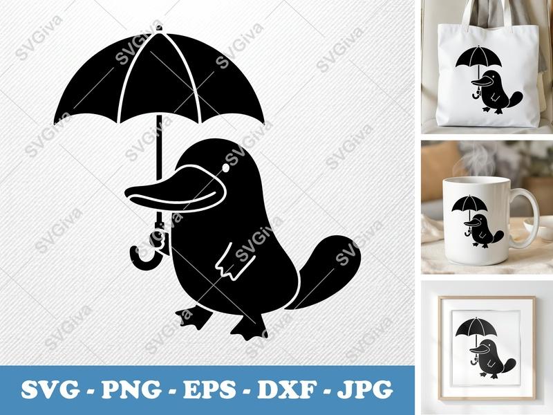 Platypus Holding Umbrella SVG | Puffy Soft Shapes | Inflated Form Cut File | PNG DXF EPS for Cricut Silhouette