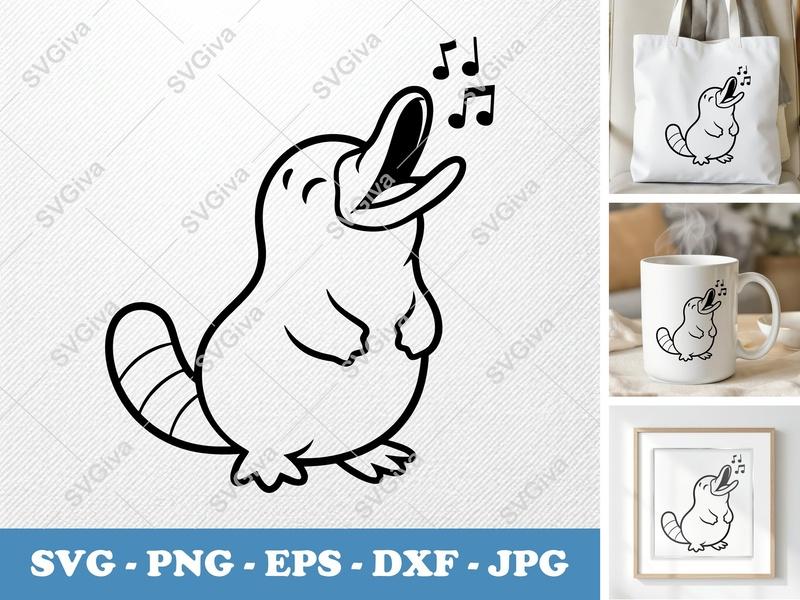 Platypus Singing SVG, Modern Music Notes PNG EPS DXF, Cute Animal Cut File for Cricut, Silhouette, Vector Clipart