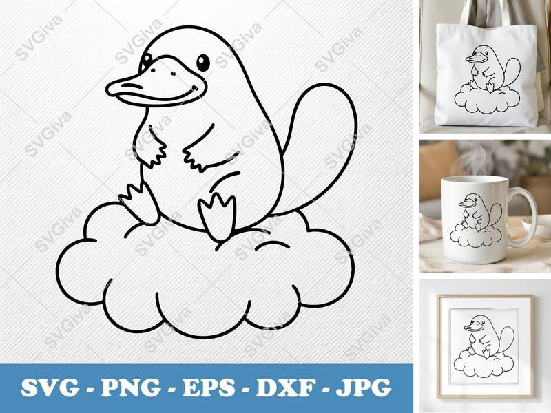 Platypus Sitting on a Cloud SVG | Cartoon Bean-Shaped Cut File | PNG DXF EPS | Cricut Silhouette Vector