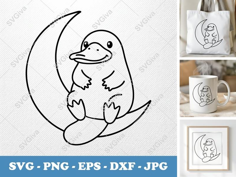 Platypus Sitting on Moon SVG | Friendly Rounded Bean-Shaped Design | PNG DXF EPS Cut File for Cricut Silhouette