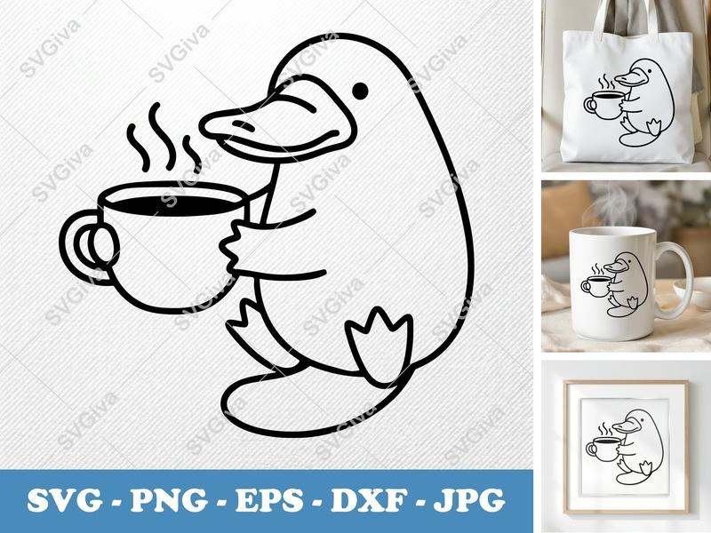 Platypus SVG, Coffee Lover Cut File, Modern Animal PNG EPS DXF | Cricut & Silhouette Design for Mugs, Shirts