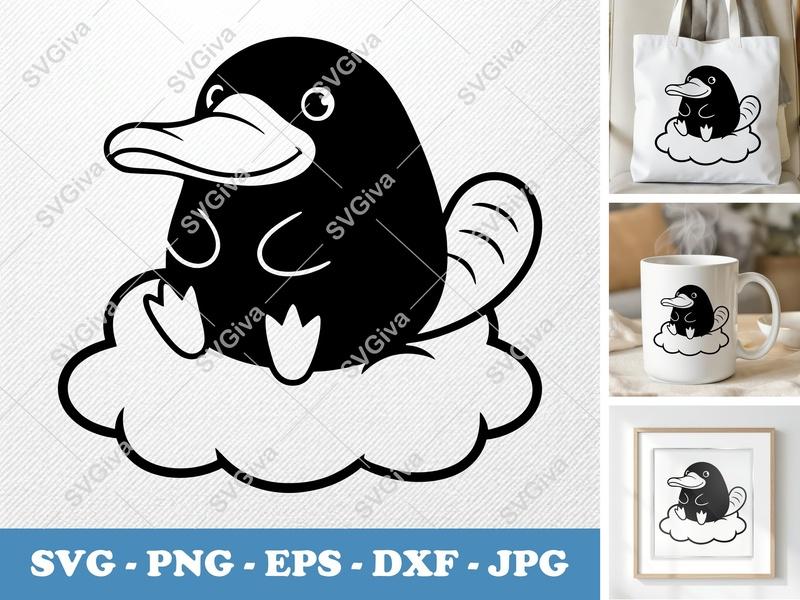 Platypus SVG | Cute Animal Cut File, Cartoon Platypus on Cloud | PNG EPS DXF for Cricut, Silhouette, Vinyl Decal