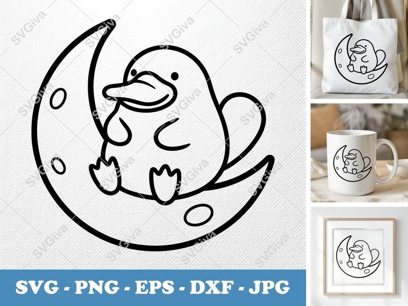 Platypus SVG, Cute Cartoon Platypus on Moon, Animal Cut File, PNG EPS DXF for Cricut, Silhouette, Vector Clipart