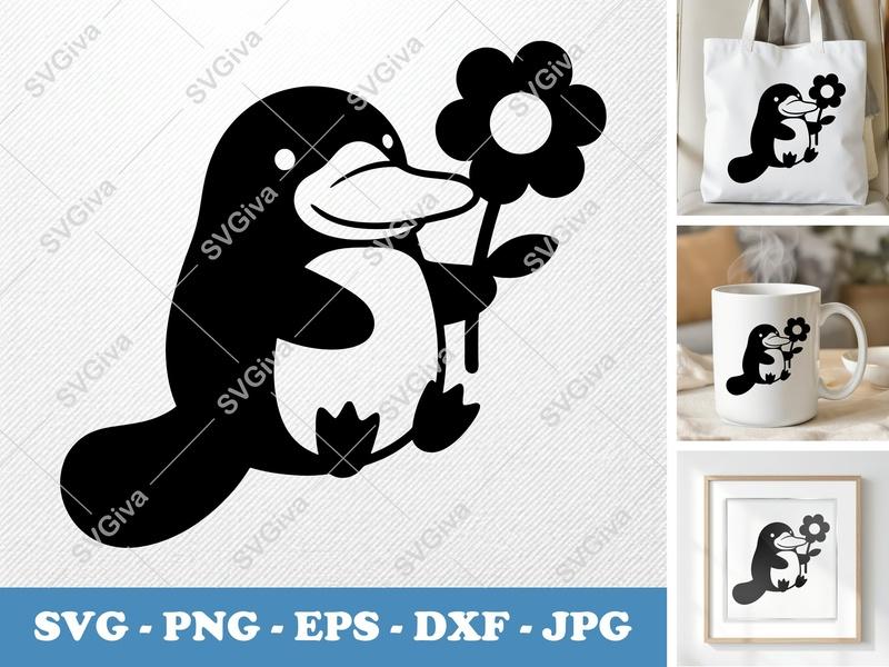 Platypus SVG, Cute Cartoon Platypus with Flower, Modern Animal Cut File for Cricut | Silhouette, PNG EPS DXF Vector Clipart