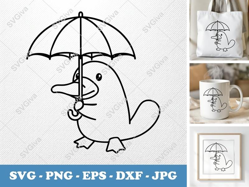 Platypus SVG, Cute Cartoon Platypus with Umbrella, Line Art Animal Clip Art | PNG EPS DXF for Cricut, Silhouette