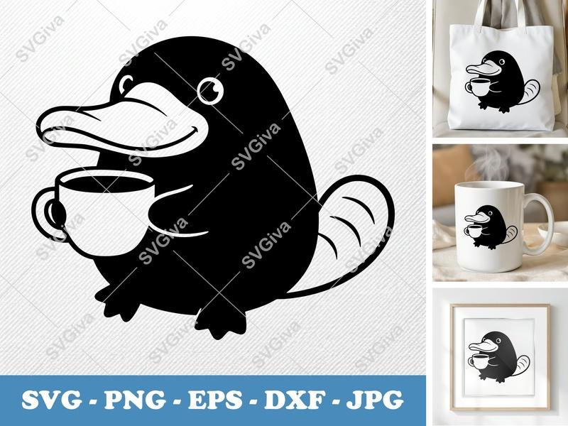 Platypus SVG, Cute Coffee Drinker, Modern Clean Design | PNG EPS DXF | Cricut Silhouette Cut File