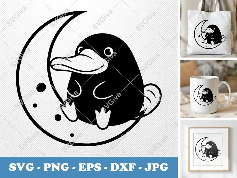 Platypus SVG, Cute Moon Animal Cut File, Modern Vector EPS DXF PNG, Cricut Silhouette Design, Nursery Decor Clipart