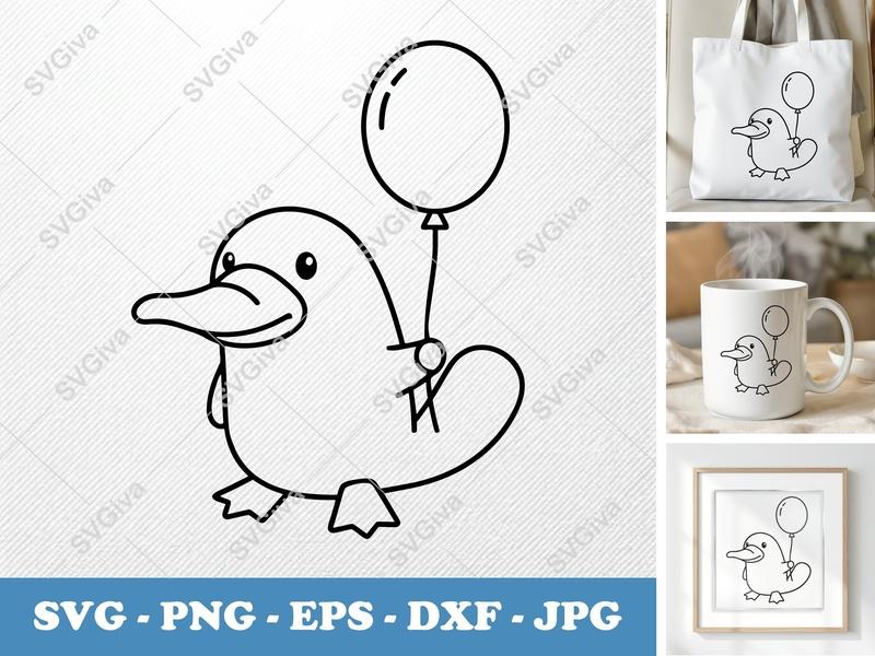 Platypus SVG, Cute Platypus with Balloon, Cartoon Animal Cut File for Cricut | PNG EPS DXF Silhouette