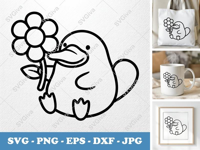 Platypus SVG, Cute Platypus with Flower, Modern Clean Line Art, SVG PNG EPS DXF for Cricut & Silhouette, Digital Download