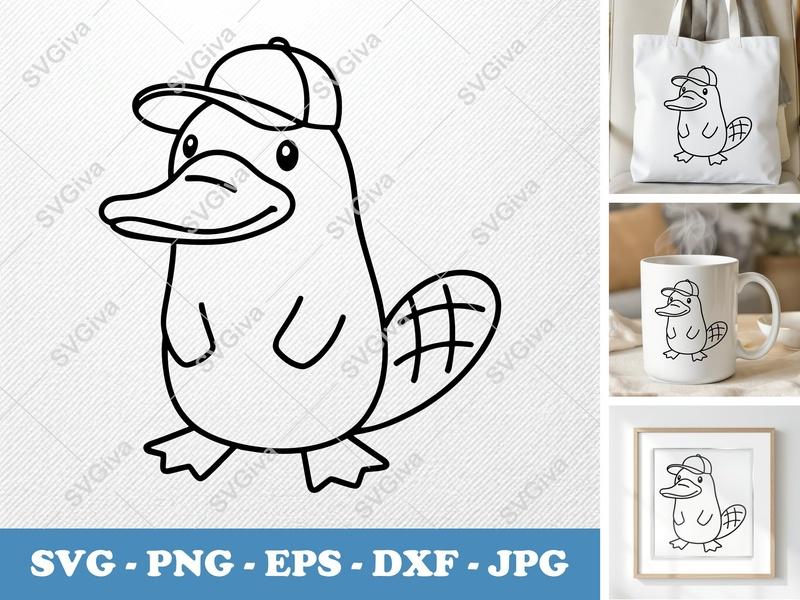 Platypus SVG, Cute Platypus with Hat, Cartoon Animal Cut File, PNG EPS DXF for Cricut, Silhouette, Vector Clipart