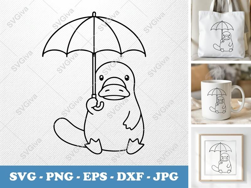Platypus SVG, Cute Umbrella Platypus PNG EPS DXF | Cricut Silhouette Cut File, Animal Clipart Vector