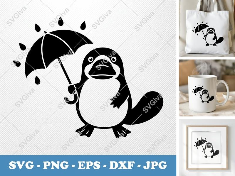 Platypus SVG, Cute Umbrella Raindrops, PNG EPS DXF, Cricut Silhouette Cut File, Modern Animal Clipart, Digital Design