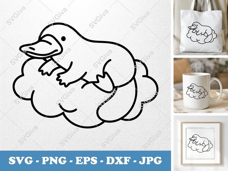 Platypus SVG, Modern Platypus on Cloud, Outline Animal Cut File | PNG EPS DXF for Cricut Silhouette