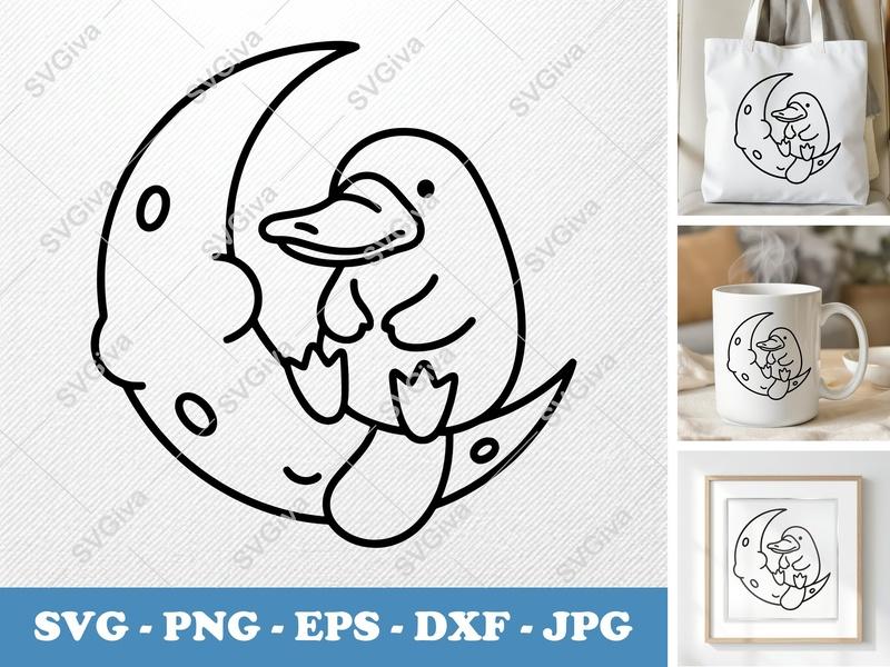 Platypus SVG on Moon, Cute Animal Cut File, Modern Line Art PNG EPS DXF for Cricut | Silhouette