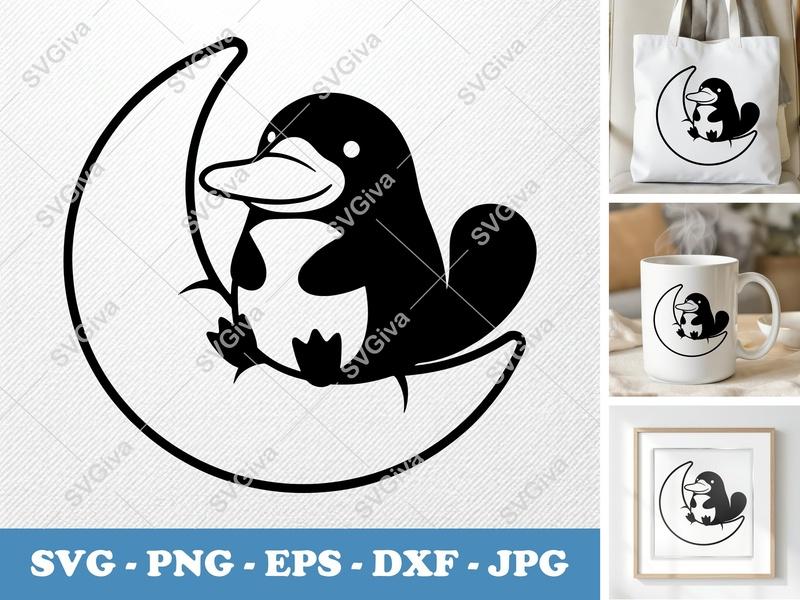 Platypus SVG on Moon | Cute Animal Cut File | PNG EPS DXF | Cricut Silhouette Vector Art
