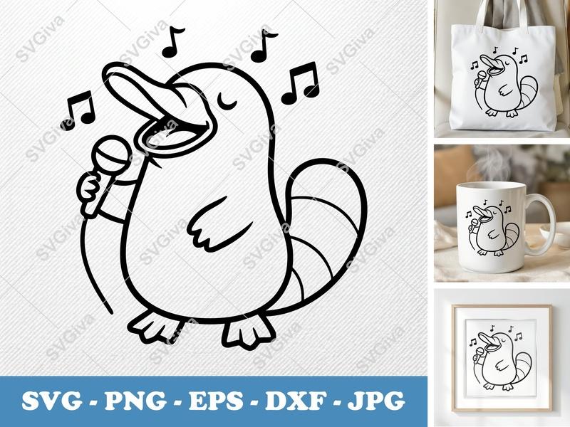 Platypus SVG Singing | Cute Music Notes | Microphone, Animal PNG EPS DXF for Cricut, Silhouette