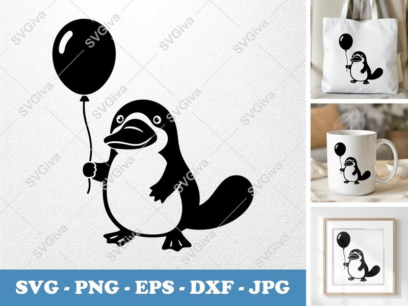 Platypus SVG with Balloon | Modern Clean Design, Cute Animal Cut File for Cricut, Silhouette | PNG EPS DXF Vector