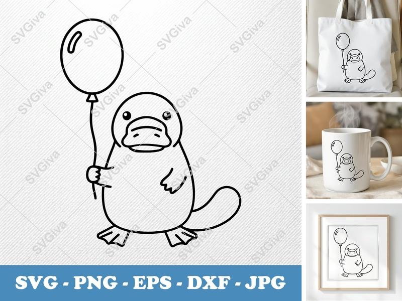 Platypus SVG with Balloon | Modern Clean Line Art | PNG EPS DXF for Cricut, Silhouette | Cute Animal Cut File