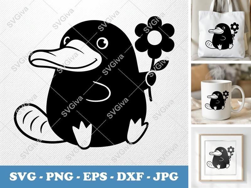 Platypus SVG with Flower | Cute Animal Clipart, Modern Design | PNG EPS DXF for Cricut, Silhouette Cut File