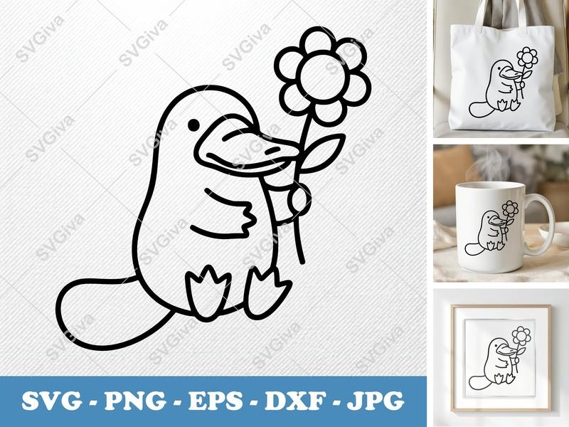 Platypus SVG with Flower | Cute Animal Line Art | PNG EPS DXF for Cricut, Silhouette | Modern Clean Design