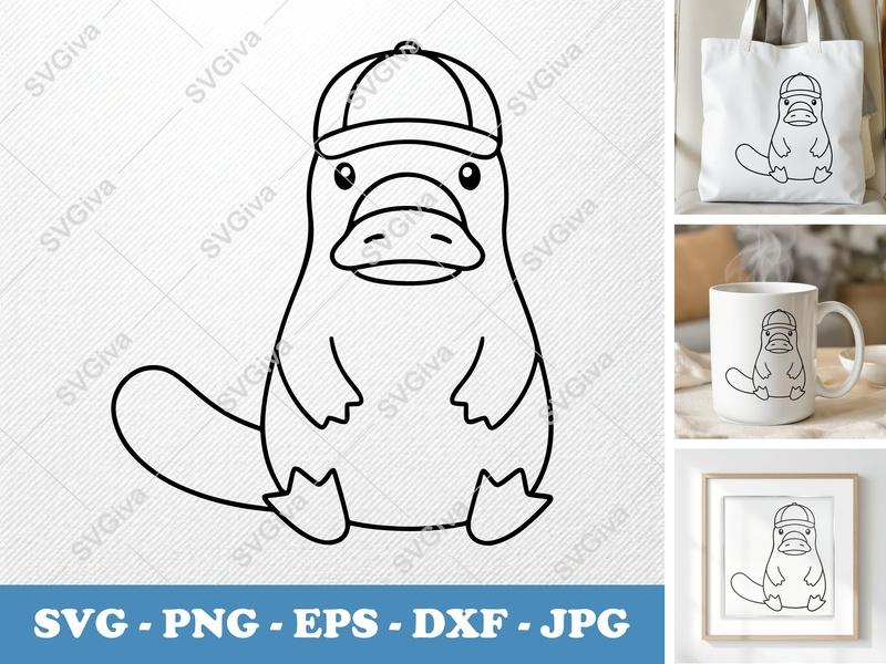 Platypus SVG with Hat | Cartoon Platypus Line Art | PNG EPS DXF for Cricut & Silhouette | Animal Clipart Cut File