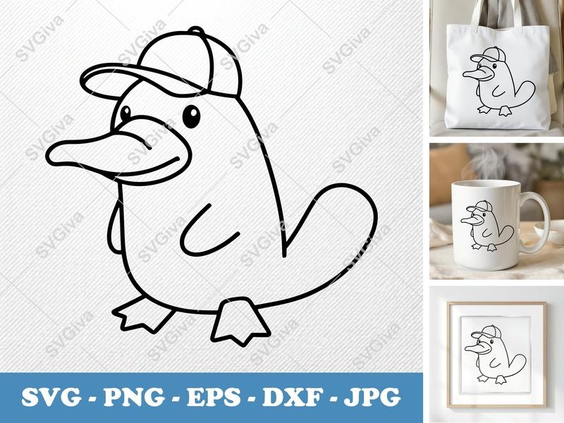 Platypus SVG with Hat, Modern Cartoon Animal Cut File, EPS DXF PNG for Cricut Silhouette, Cute Platypus Clipart Vector Design
