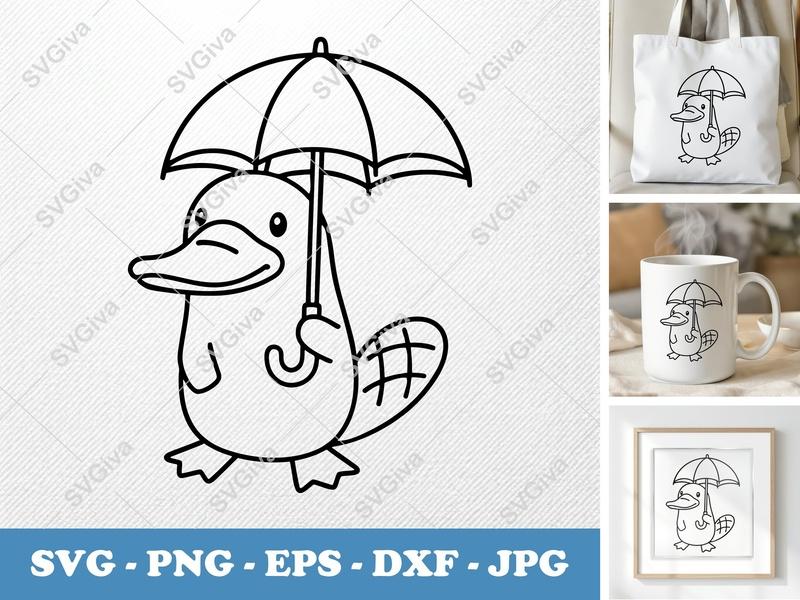 Platypus SVG with Umbrella | Cute Animal Line Art | PNG EPS DXF | Cricut Silhouette File