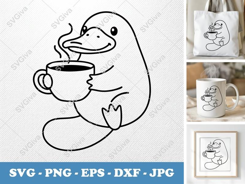 Platypus with Coffee Cup SVG | Friendly Rounded Body Bean-Shaped Design | PNG DXF EPS | Cricut Silhouette File