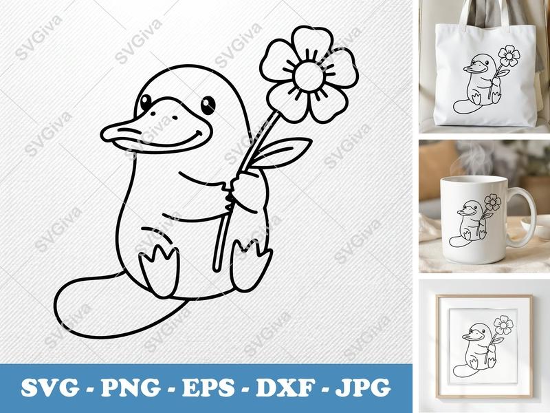 Platypus with Flower SVG | Friendly Rounded Body Bean Shape Cut File | PNG DXF EPS for Cricut Silhouette