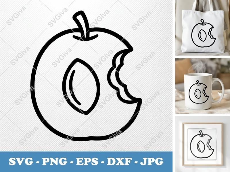 Plum SVG | Bitten Fruit Outline, Modern Line Art, Seed | PNG EPS DXF for Cricut, Silhouette | Food Vector Clipart