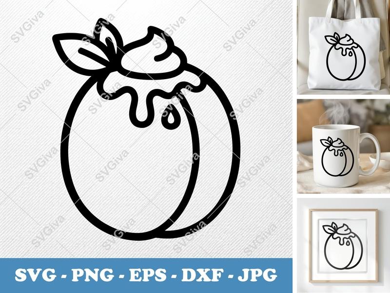 Plum SVG, Modern Fruit Digital Download with Topping & Leaves | PNG EPS DXF | Cricut Silhouette Cut File