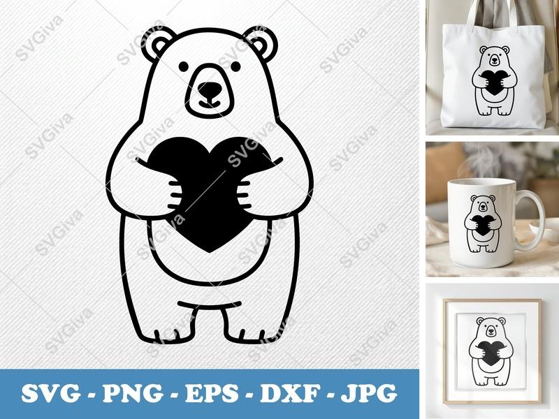 Polar Bear Holding Heart SVG PNG DXF EPS | Cute Animal Cut File for Cricut Silhouette